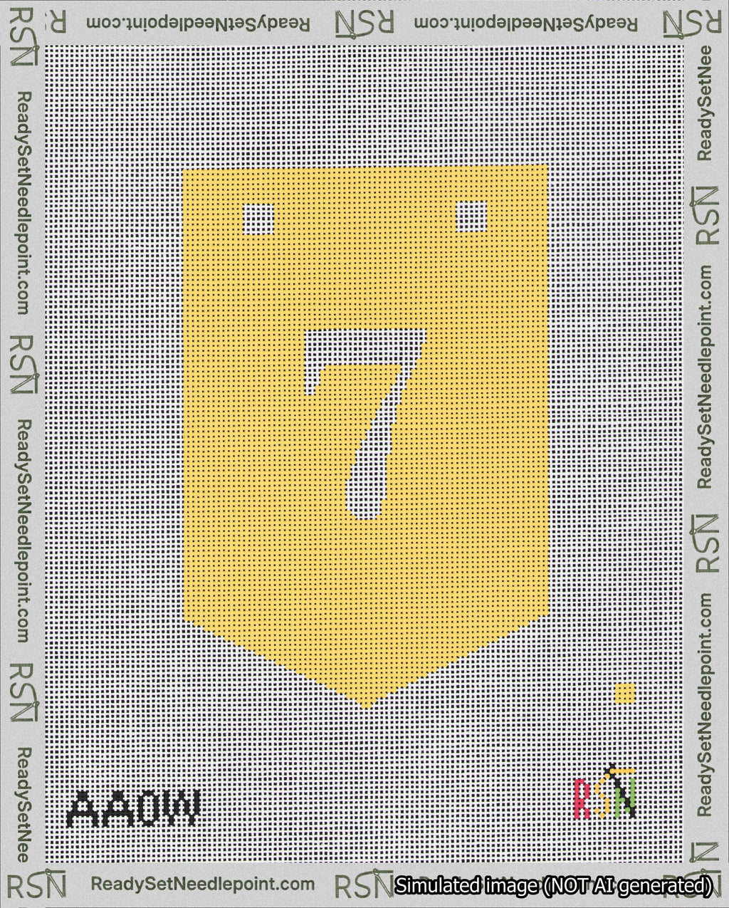 A taped needlepoint canvas with the design: Banner 18 mesh count Pointed 7 White on Yellow.
