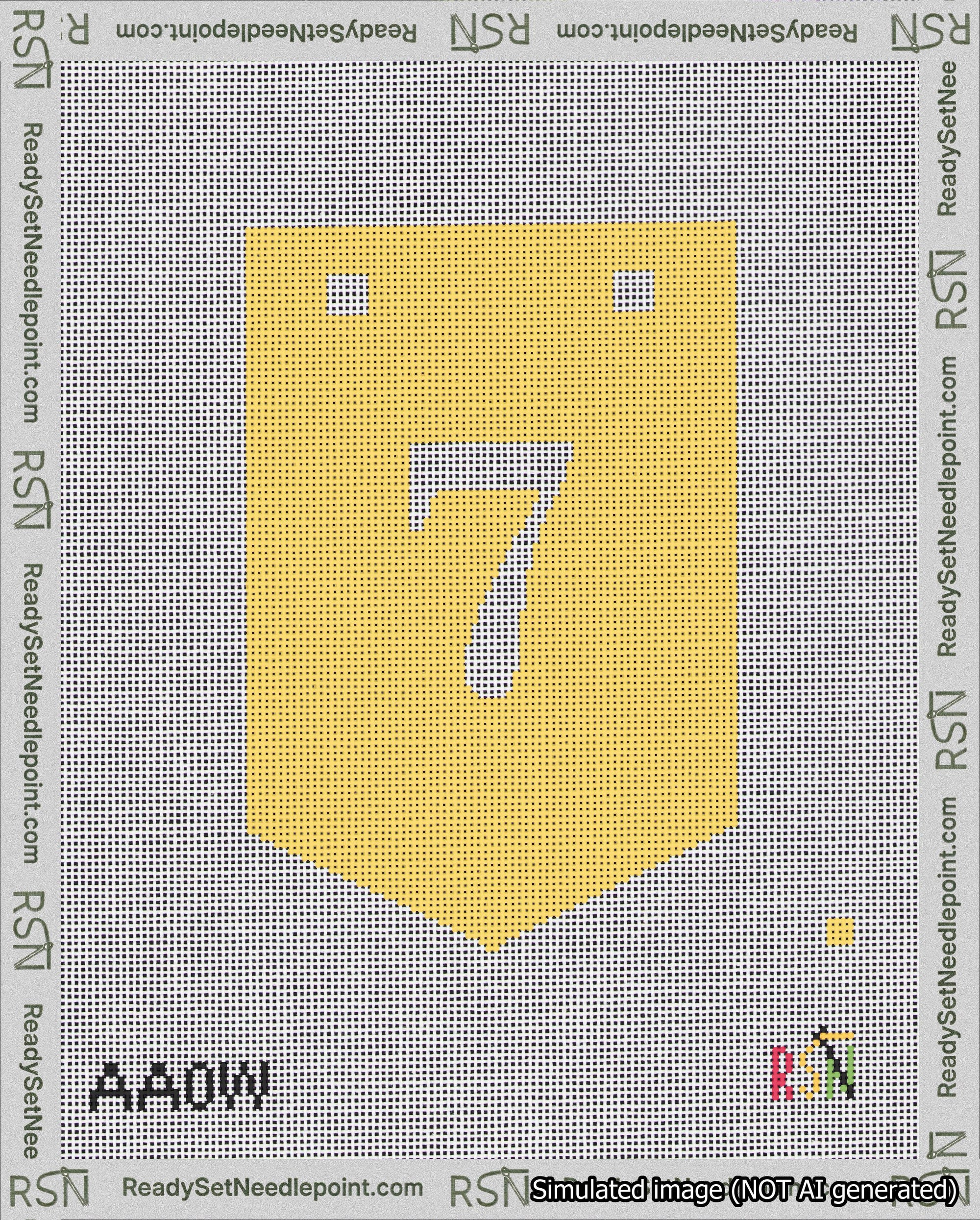 A taped needlepoint canvas with the design: Banner 18 mesh count Pointed 7 White on Yellow.