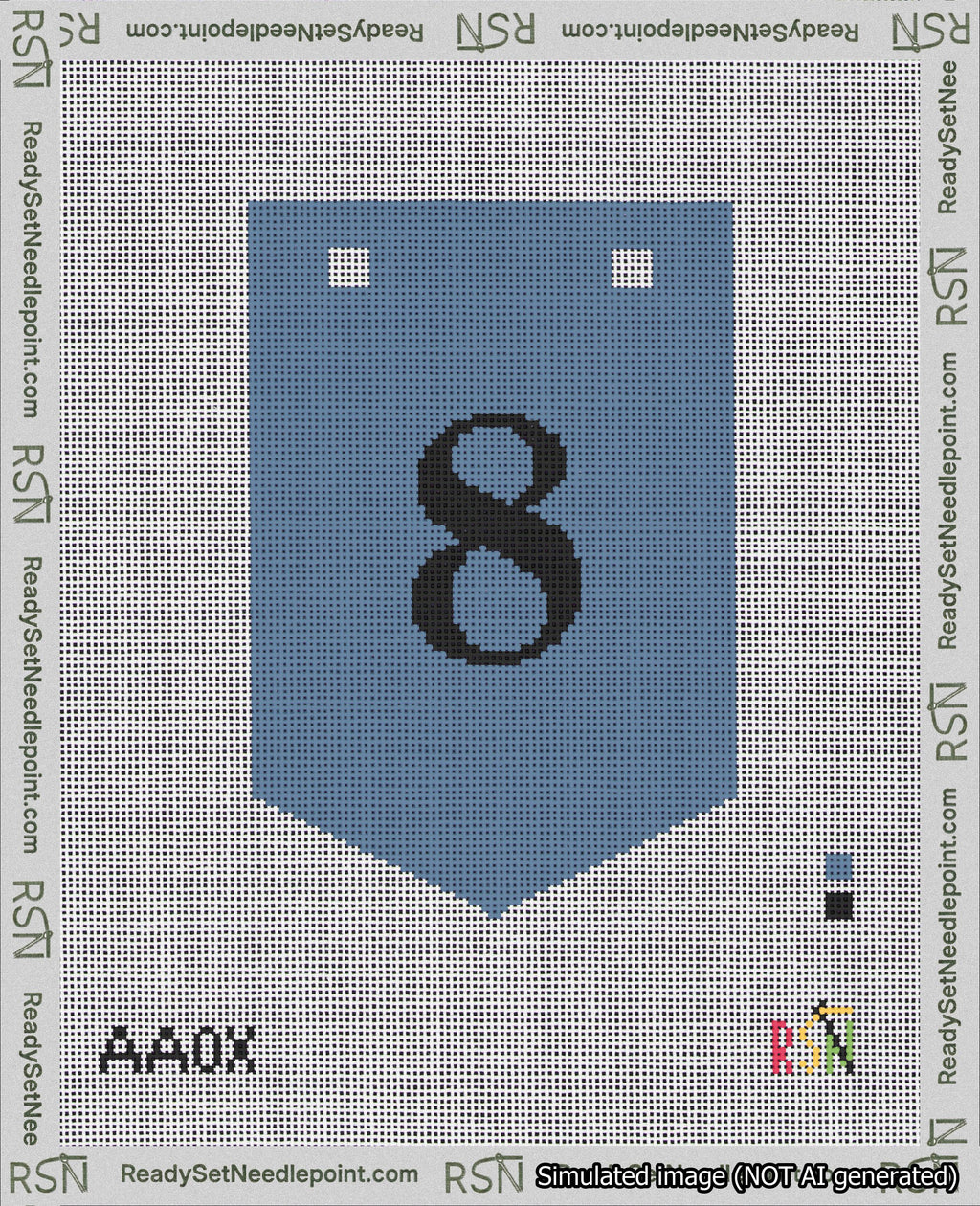 A taped needlepoint canvas with the design: Banner 18 mesh count Pointed 8 Black on Blue.