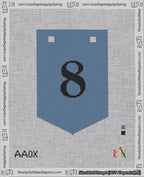 A taped needlepoint canvas with the design: Banner 18 mesh count Pointed 8 Black on Blue.