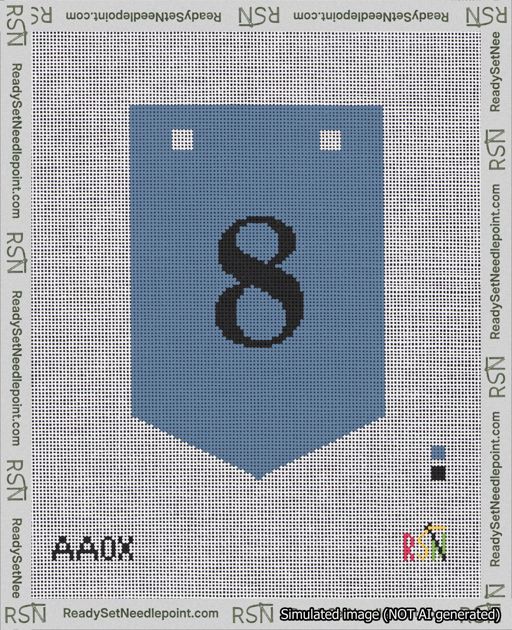 A taped needlepoint canvas with the design: Banner 18 mesh count Pointed 8 Black on Blue.