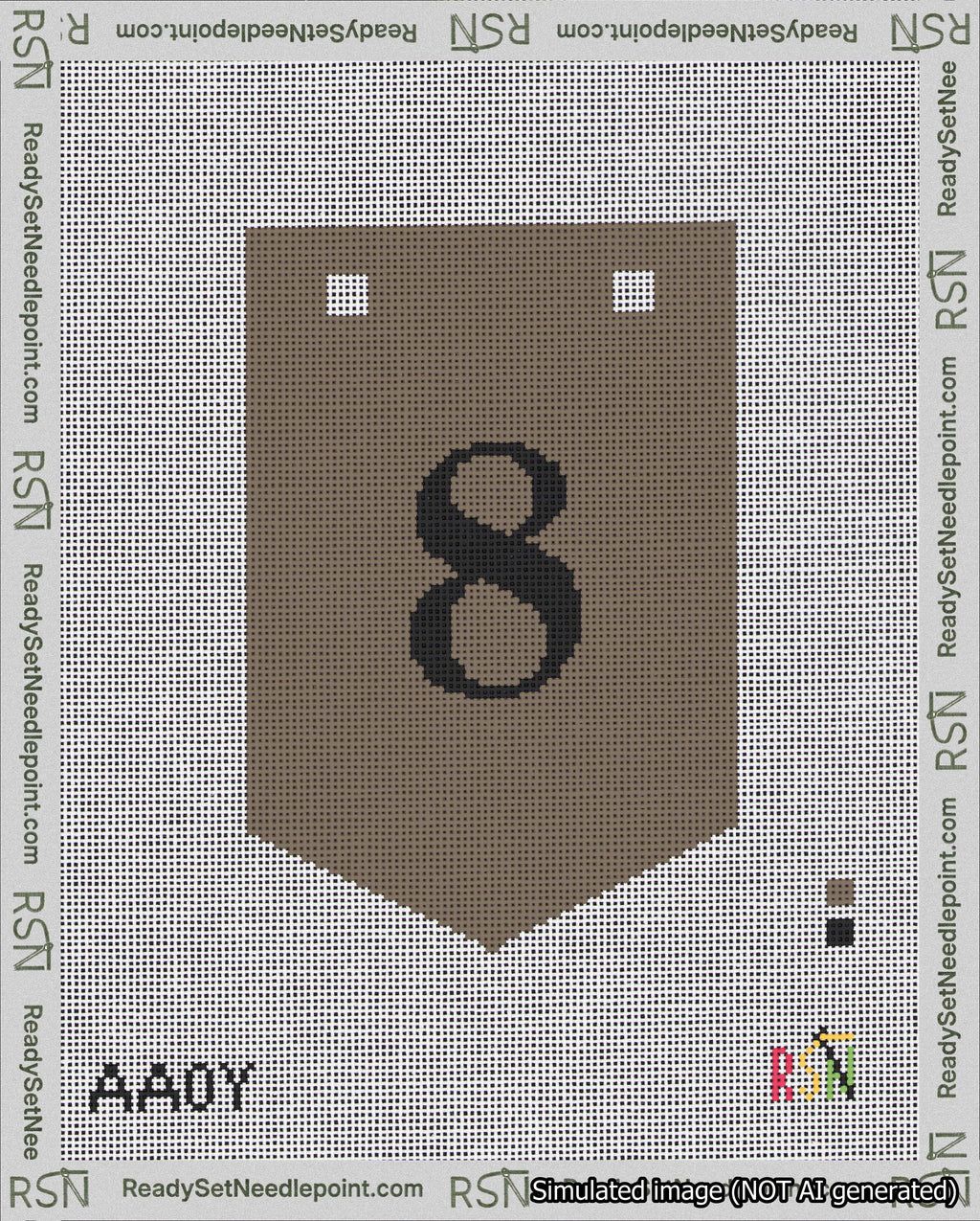 A taped needlepoint canvas with the design: Banner 18 mesh count Pointed 8 Black on Brown.