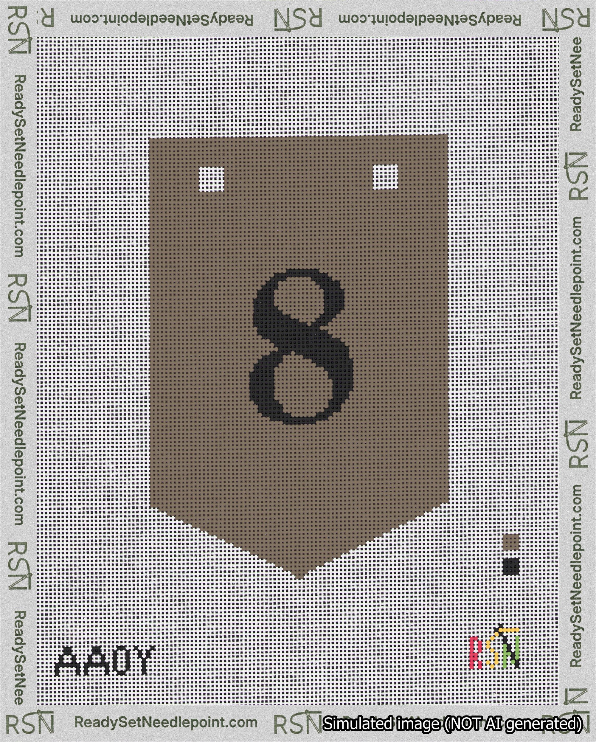 A taped needlepoint canvas with the design: Banner 18 mesh count Pointed 8 Black on Brown.