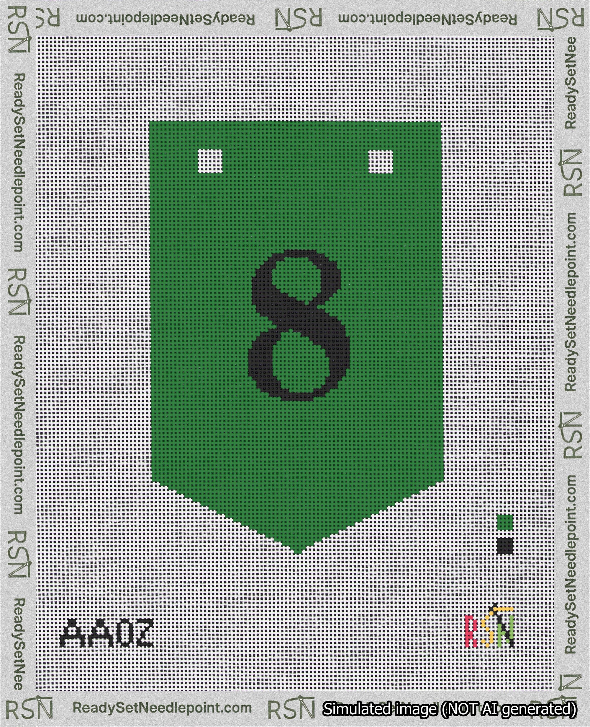A taped needlepoint canvas with the design: Banner 18 mesh count Pointed 8 Black on Green.