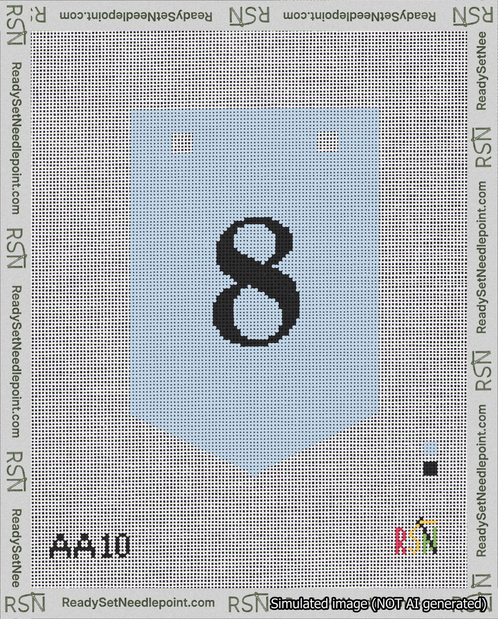 A taped needlepoint canvas with the design: Banner 18 mesh count Pointed 8 Black on Light Blue.