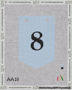 A taped needlepoint canvas with the design: Banner 18 mesh count Pointed 8 Black on Light Blue.