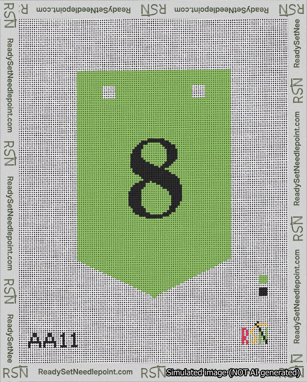 A taped needlepoint canvas with the design: Banner 18 mesh count Pointed 8 Black on Light Green.