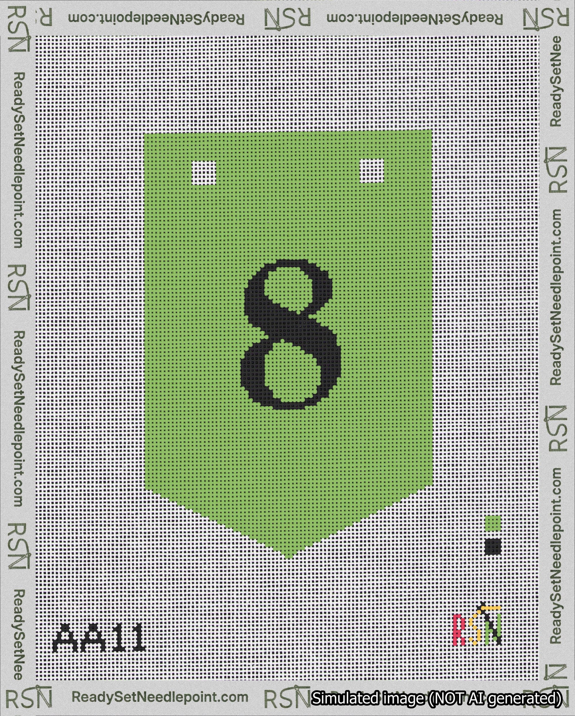 A taped needlepoint canvas with the design: Banner 18 mesh count Pointed 8 Black on Light Green.