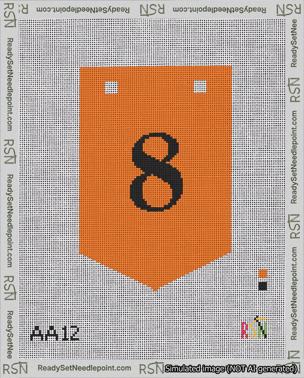 A taped needlepoint canvas with the design: Banner 18 mesh count Pointed 8 Black on Orange.