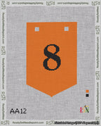 A taped needlepoint canvas with the design: Banner 18 mesh count Pointed 8 Black on Orange.