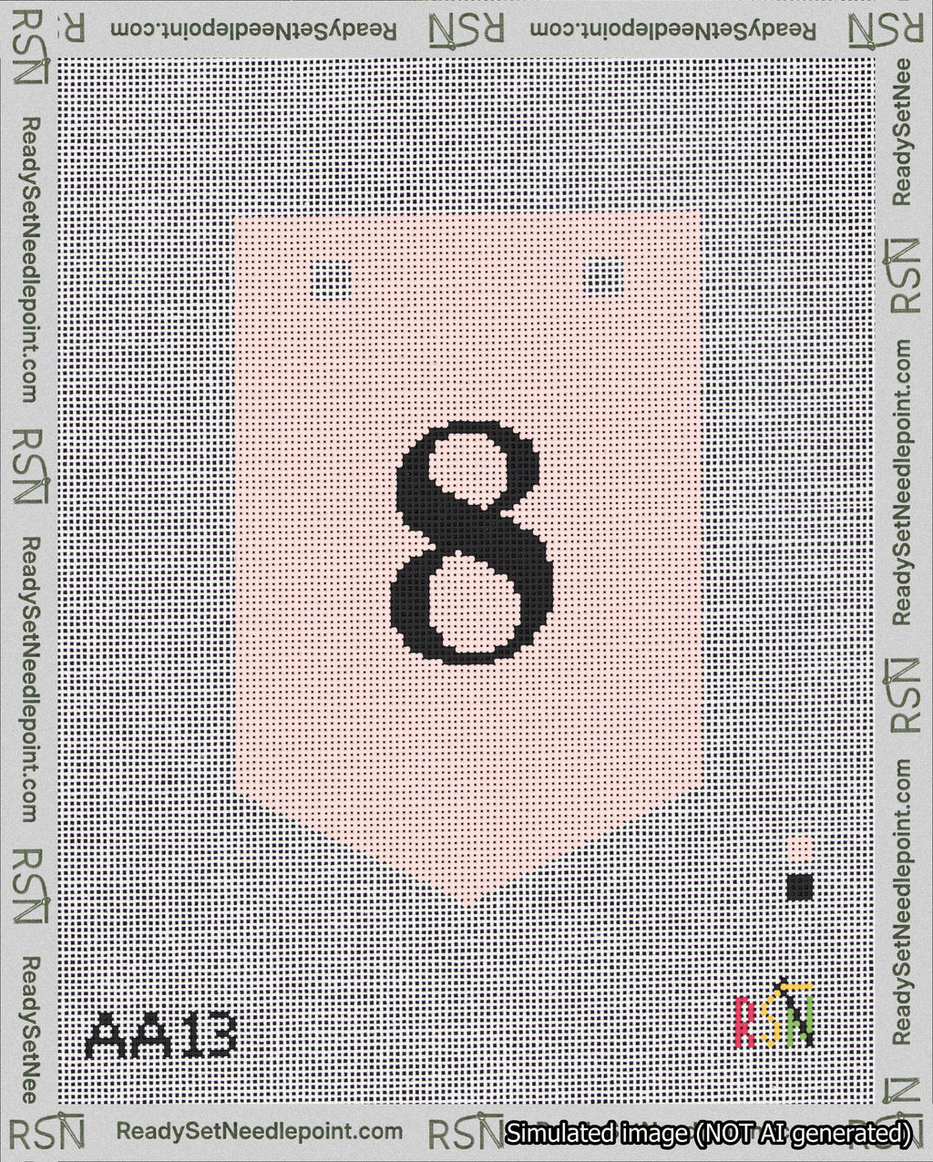 A taped needlepoint canvas with the design: Banner 18 mesh count Pointed 8 Black on Pink.