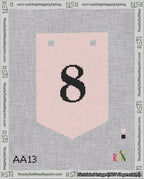 A taped needlepoint canvas with the design: Banner 18 mesh count Pointed 8 Black on Pink.