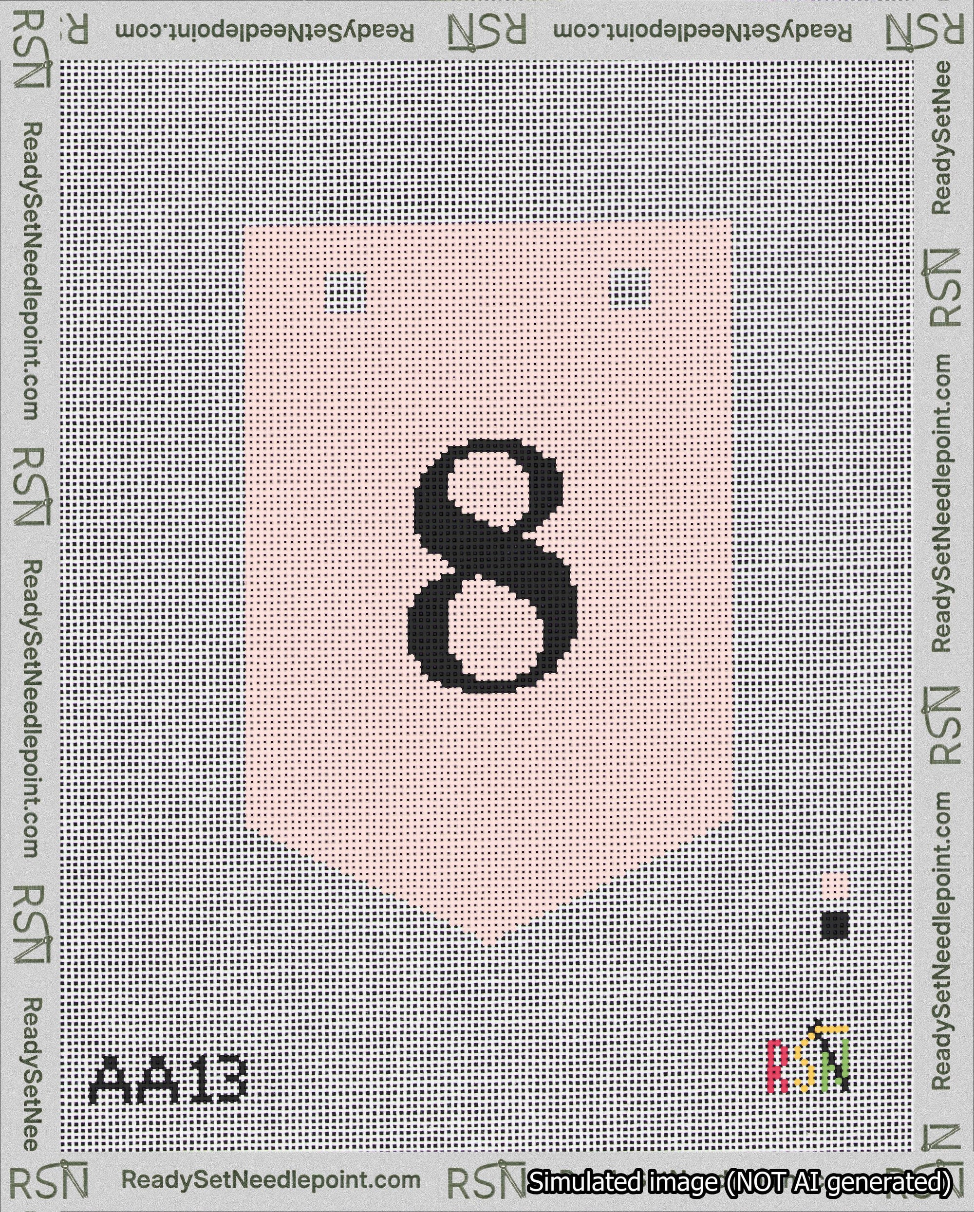 A taped needlepoint canvas with the design: Banner 18 mesh count Pointed 8 Black on Pink.