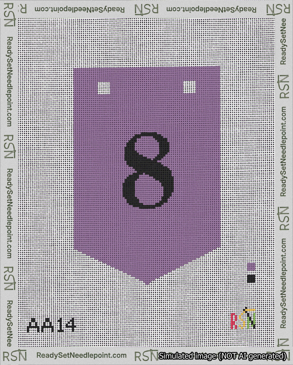 A taped needlepoint canvas with the design: Banner 18 mesh count Pointed 8 Black on Purple.