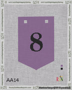A taped needlepoint canvas with the design: Banner 18 mesh count Pointed 8 Black on Purple.