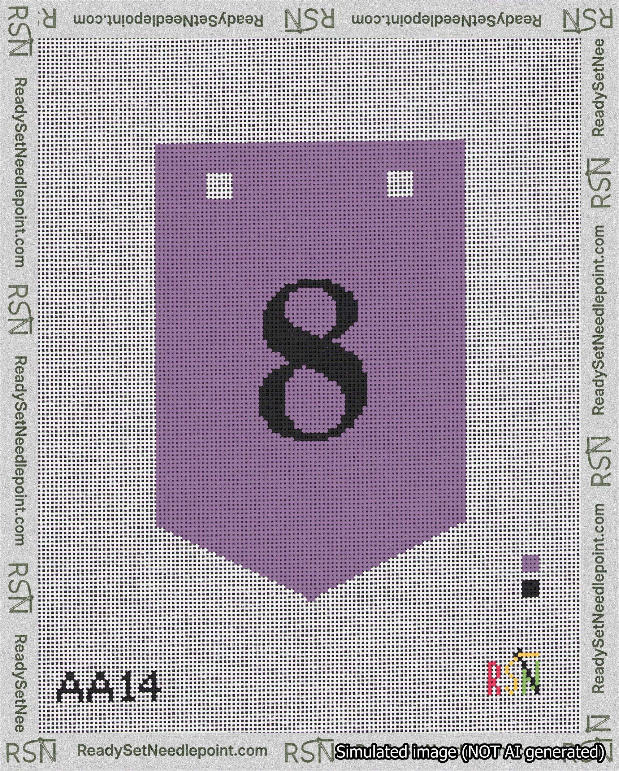 A taped needlepoint canvas with the design: Banner 18 mesh count Pointed 8 Black on Purple.