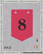 A taped needlepoint canvas with the design: Banner 18 mesh count Pointed 8 Black on Red.