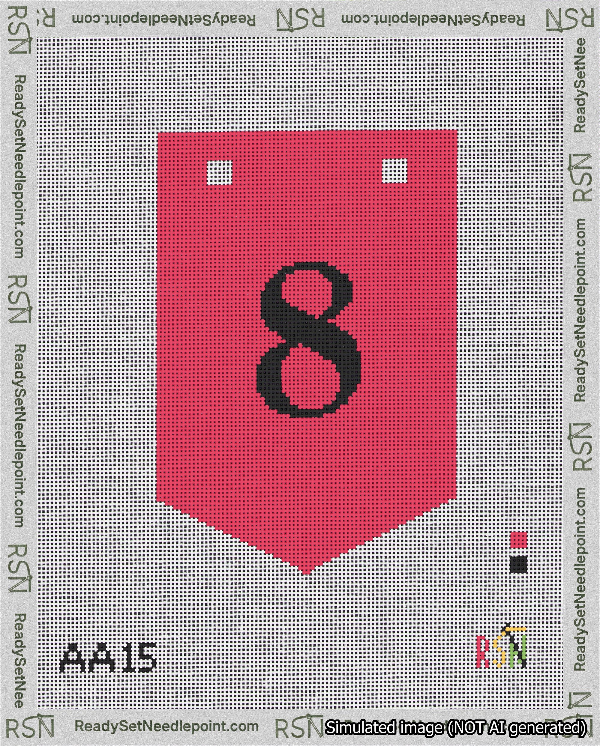 A taped needlepoint canvas with the design: Banner 18 mesh count Pointed 8 Black on Red.