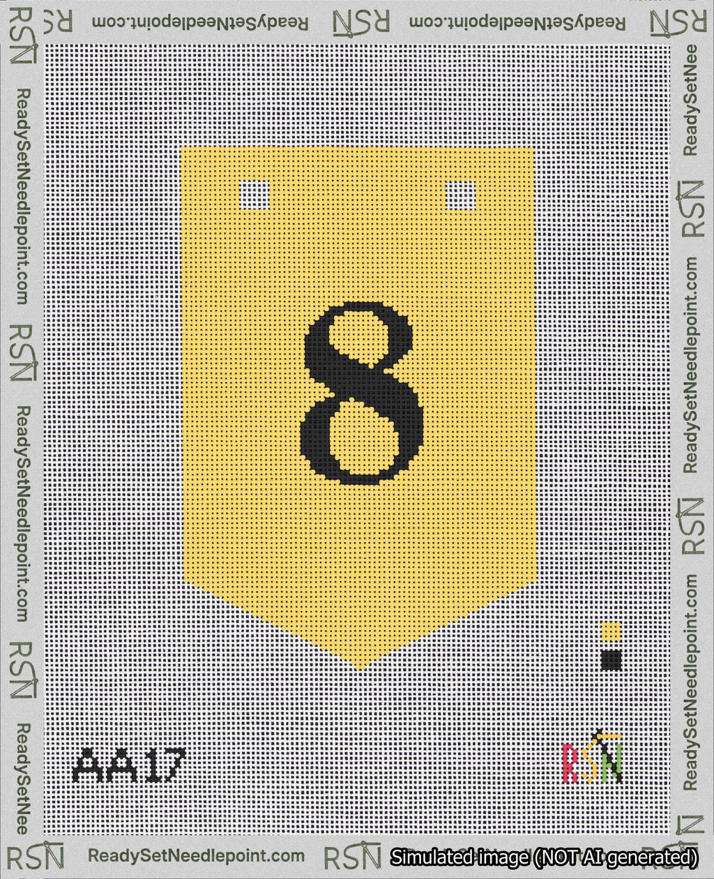 A taped needlepoint canvas with the design: Banner 18 mesh count Pointed 8 Black on Yellow.