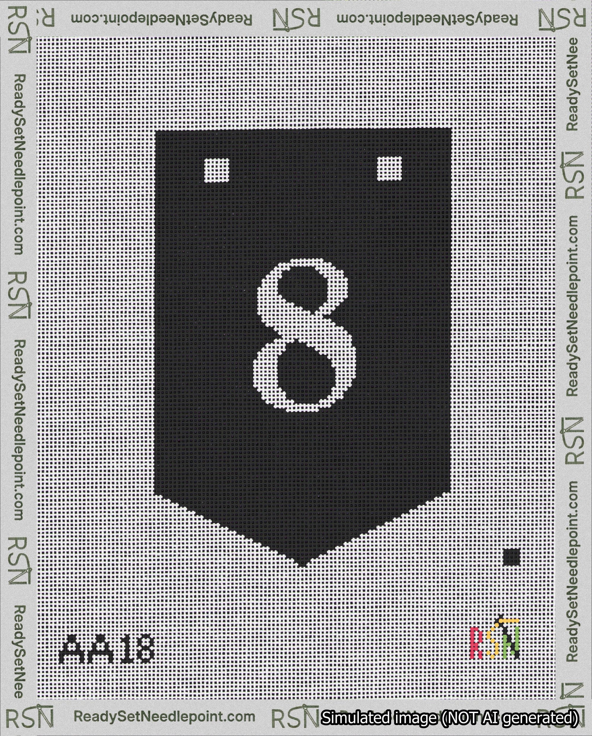 A taped needlepoint canvas with the design: Banner 18 mesh count Pointed 8 White on Black.