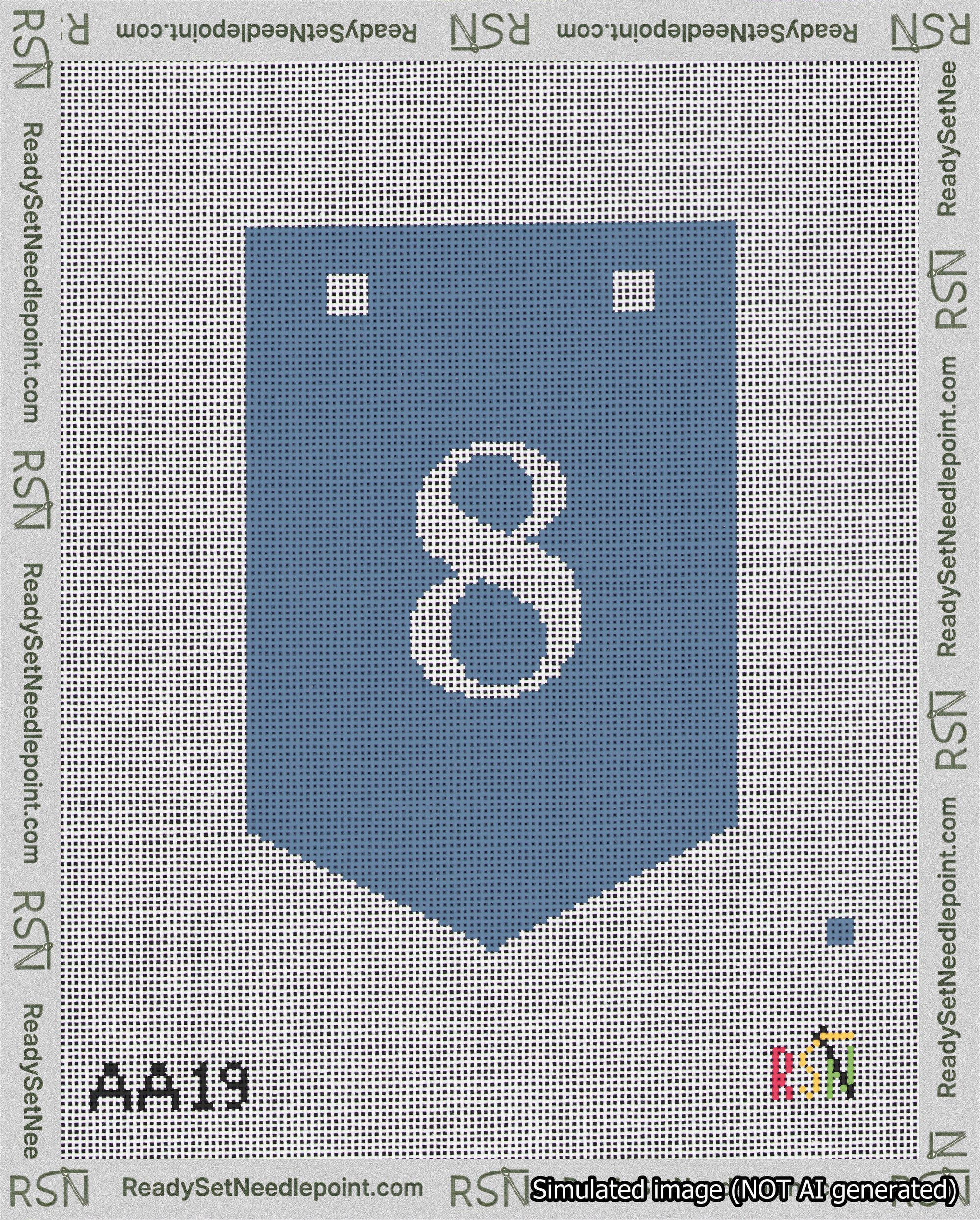 A taped needlepoint canvas with the design: Banner 18 mesh count Pointed 8 White on Blue.