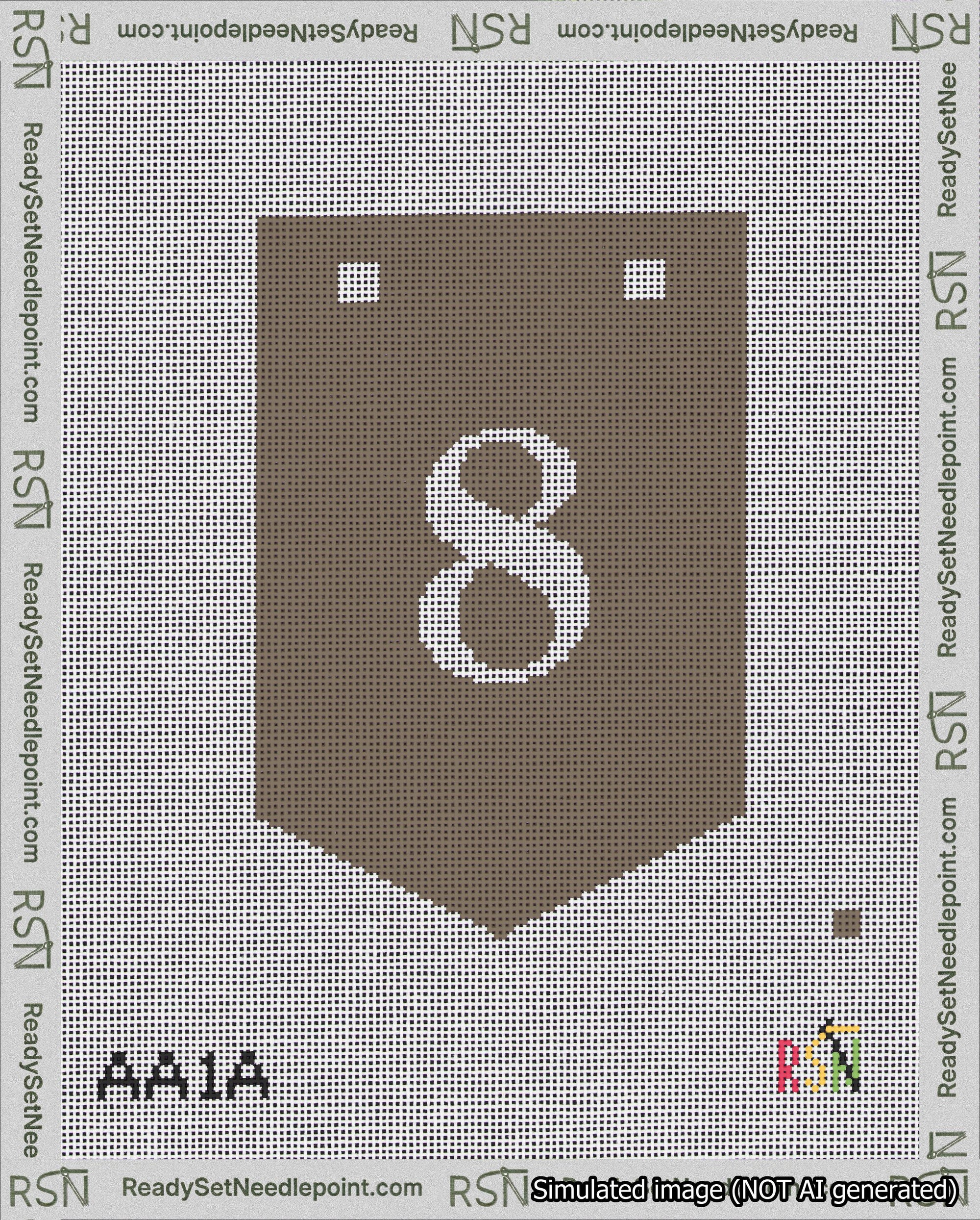 A taped needlepoint canvas with the design: Banner 18 mesh count Pointed 8 White on Brown.
