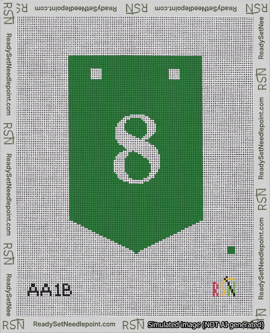 A taped needlepoint canvas with the design: Banner 18 mesh count Pointed 8 White on Green.