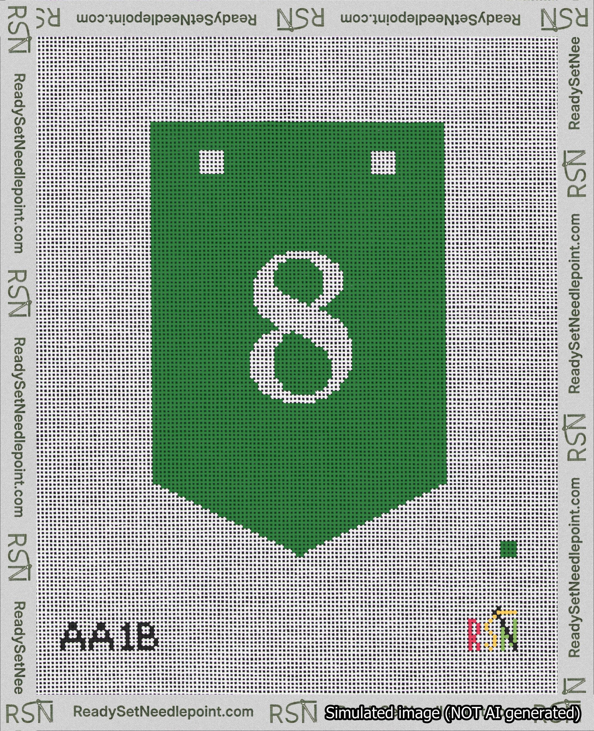 A taped needlepoint canvas with the design: Banner 18 mesh count Pointed 8 White on Green.