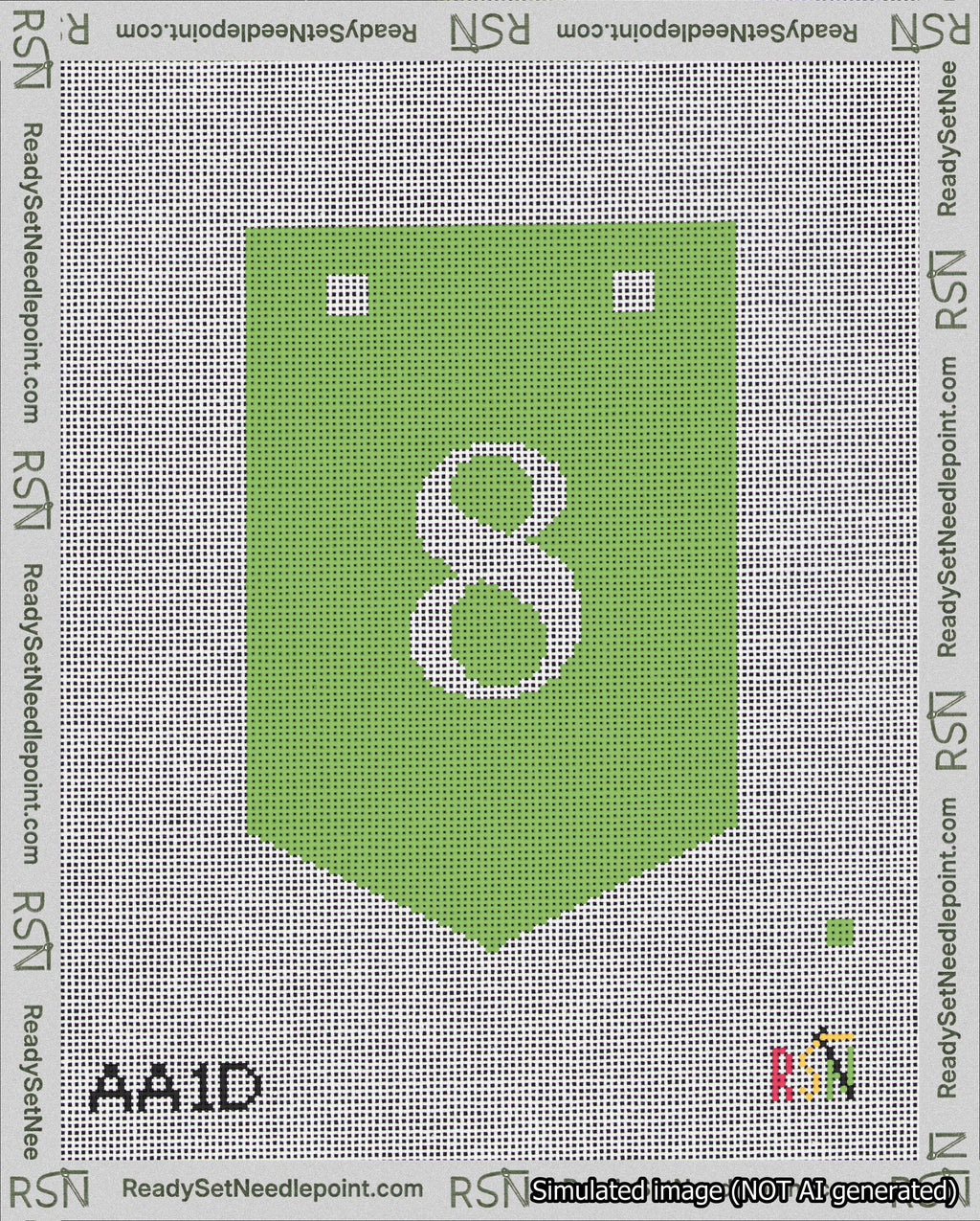 A taped needlepoint canvas with the design: Banner 18 mesh count Pointed 8 White on Light Green.