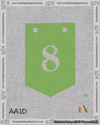 A taped needlepoint canvas with the design: Banner 18 mesh count Pointed 8 White on Light Green.