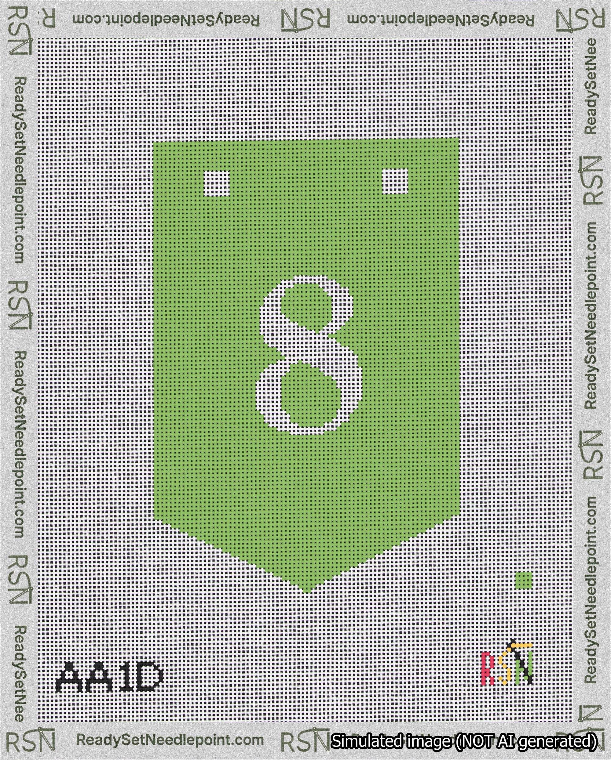 A taped needlepoint canvas with the design: Banner 18 mesh count Pointed 8 White on Light Green.