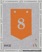 A taped needlepoint canvas with the design: Banner 18 mesh count Pointed 8 White on Orange.