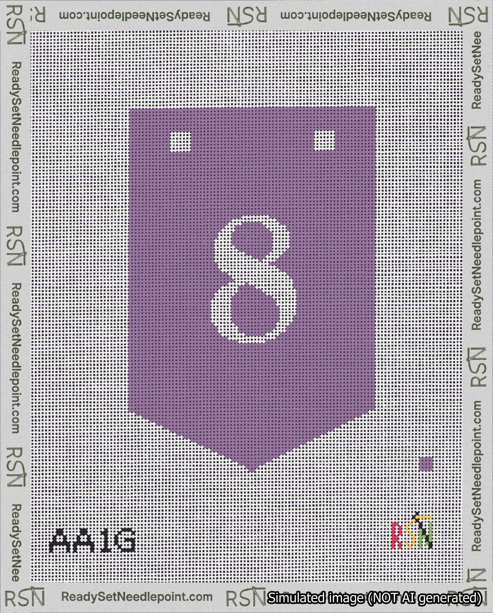 A taped needlepoint canvas with the design: Banner 18 mesh count Pointed 8 White on Purple.