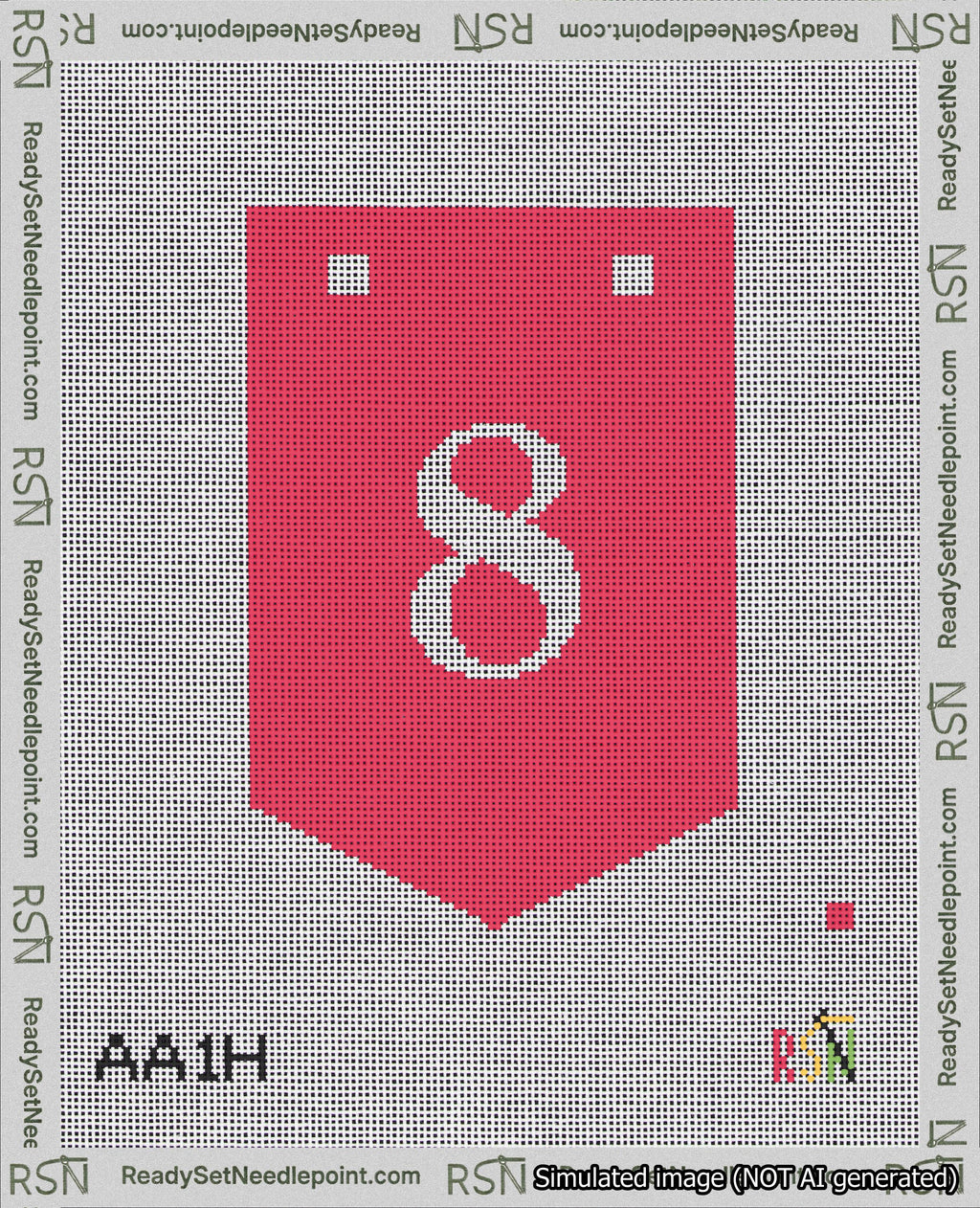 A taped needlepoint canvas with the design: Banner 18 mesh count Pointed 8 White on Red.