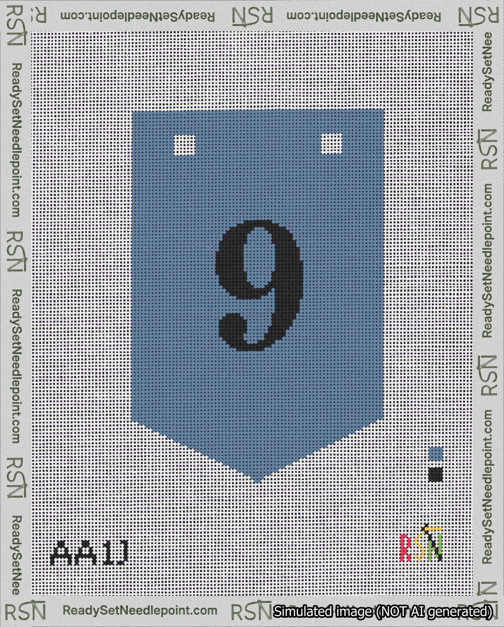 A taped needlepoint canvas with the design: Banner 18 mesh count Pointed 9 Black on Blue.