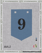 A taped needlepoint canvas with the design: Banner 18 mesh count Pointed 9 Black on Blue.