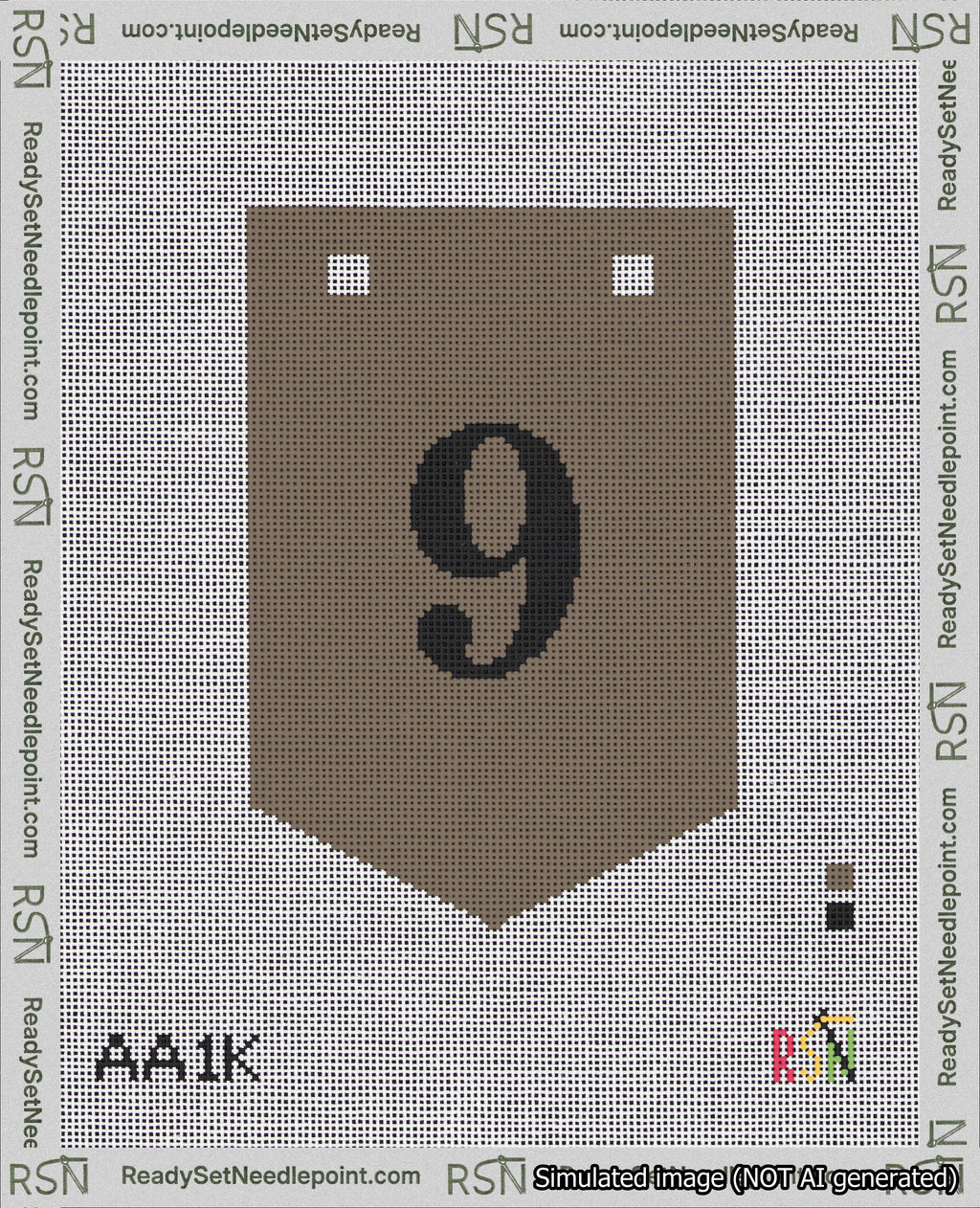 A taped needlepoint canvas with the design: Banner 18 mesh count Pointed 9 Black on Brown.