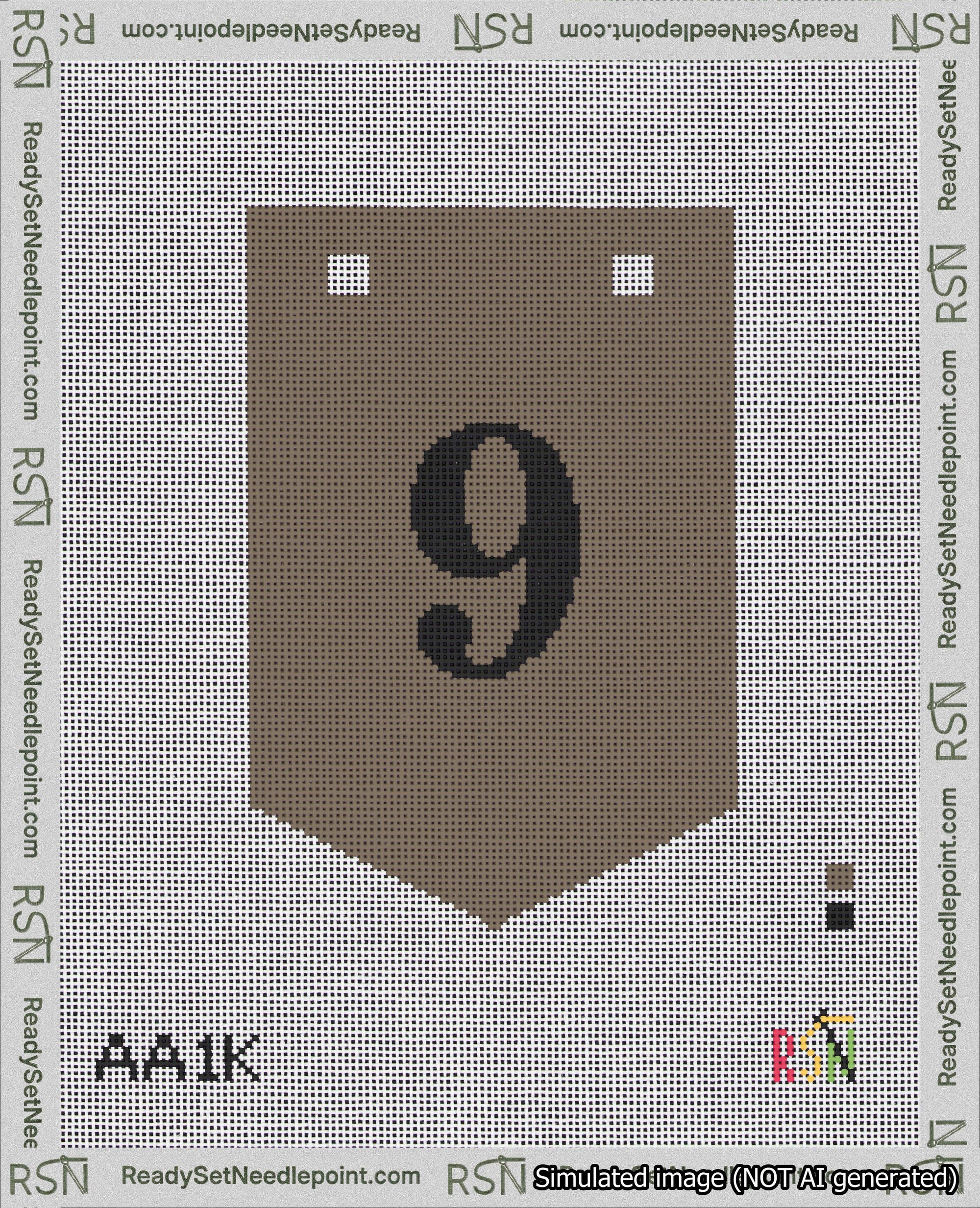 A taped needlepoint canvas with the design: Banner 18 mesh count Pointed 9 Black on Brown.