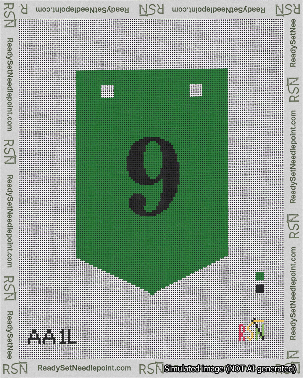 A taped needlepoint canvas with the design: Banner 18 mesh count Pointed 9 Black on Green.
