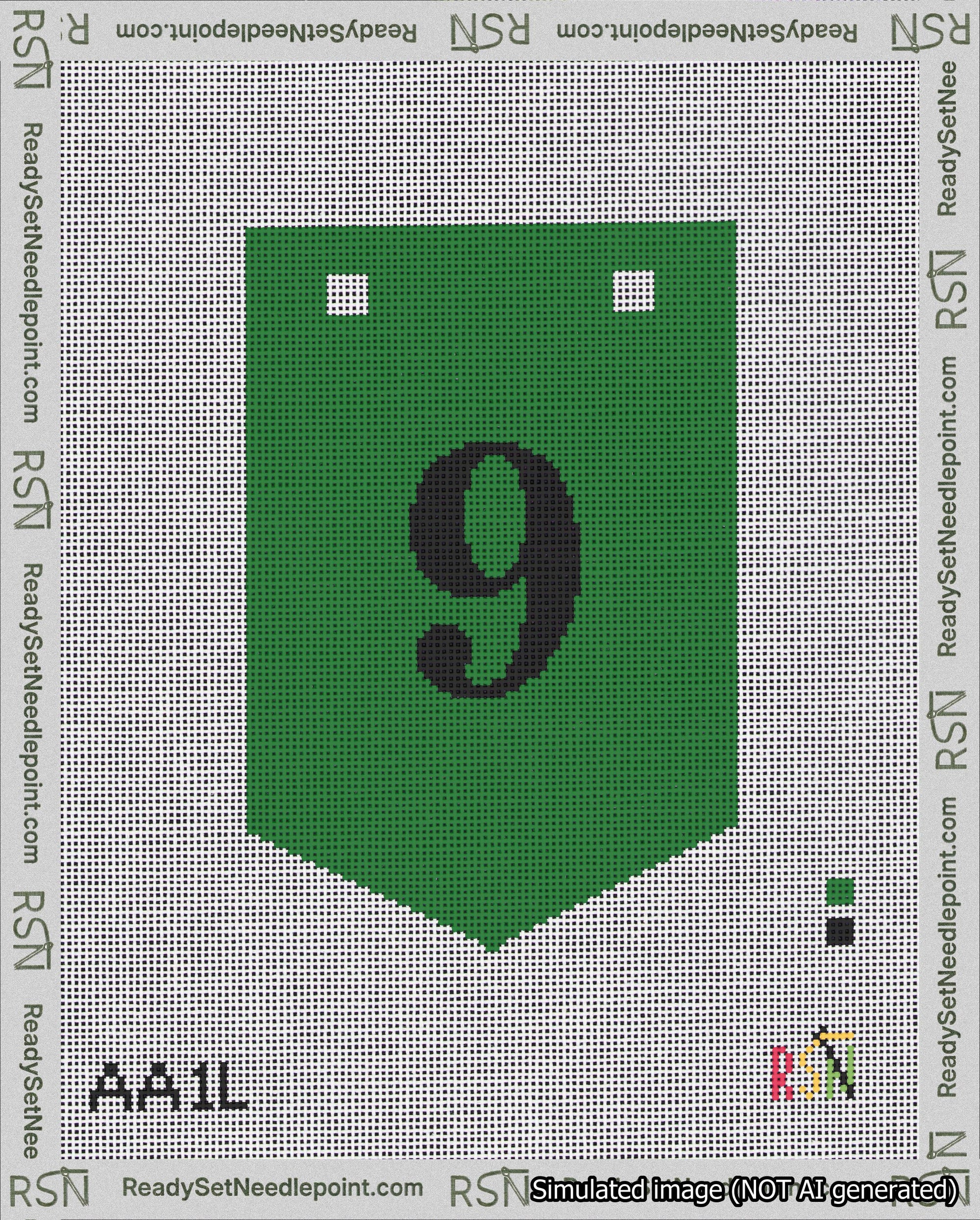 A taped needlepoint canvas with the design: Banner 18 mesh count Pointed 9 Black on Green.