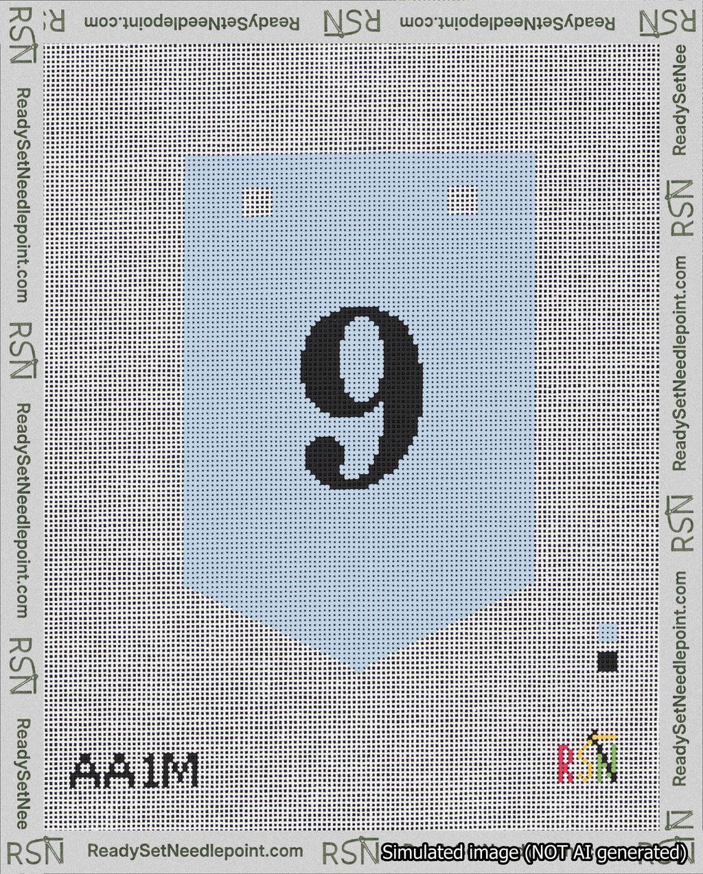 A taped needlepoint canvas with the design: Banner 18 mesh count Pointed 9 Black on Light Blue.