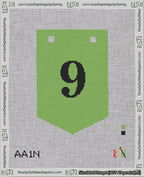 A taped needlepoint canvas with the design: Banner 18 mesh count Pointed 9 Black on Light Green.