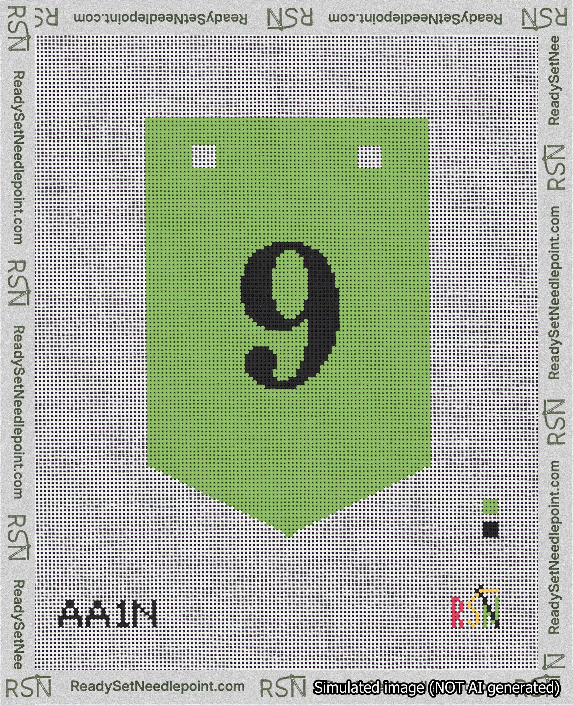 A taped needlepoint canvas with the design: Banner 18 mesh count Pointed 9 Black on Light Green.