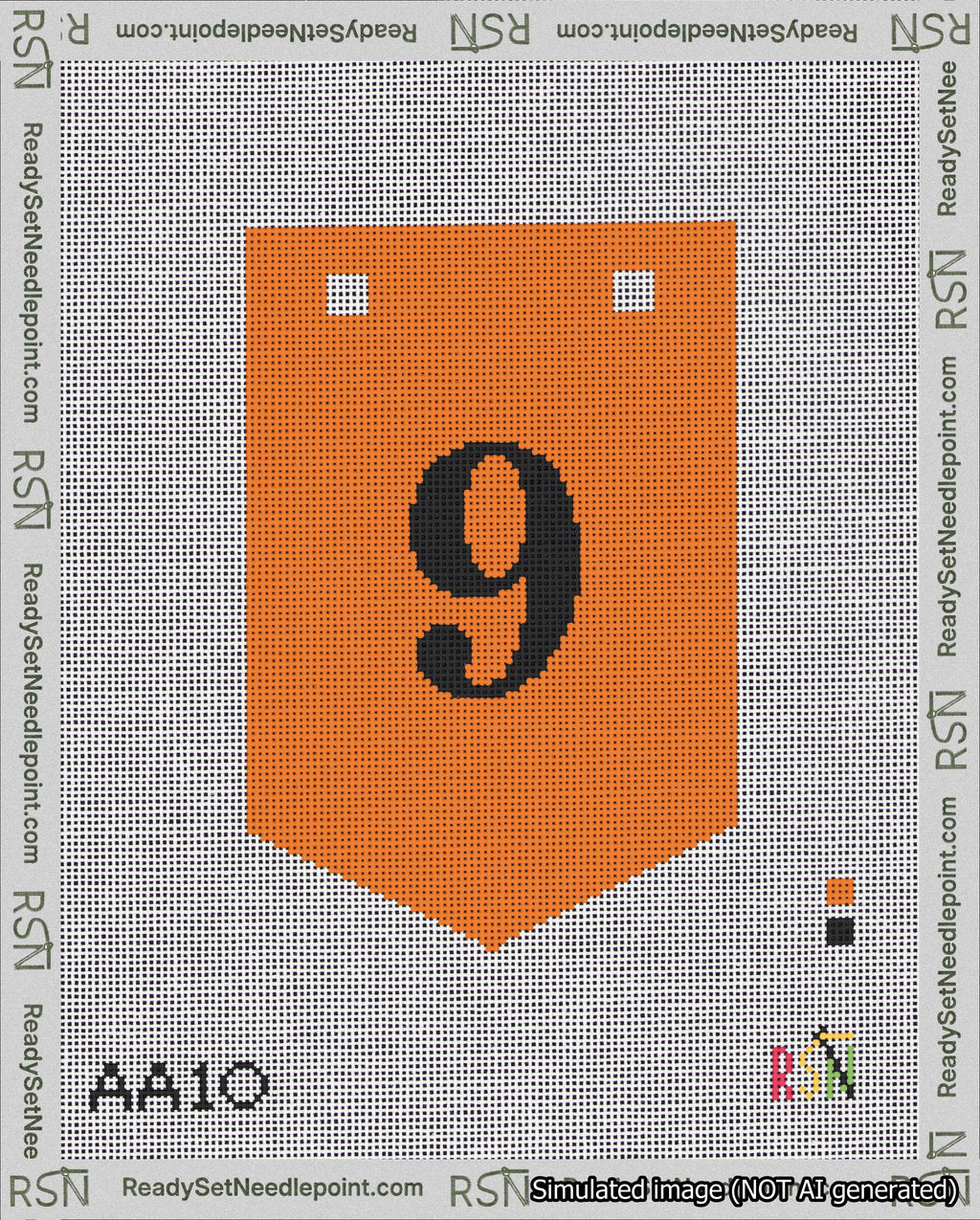 A taped needlepoint canvas with the design: Banner 18 mesh count Pointed 9 Black on Orange.