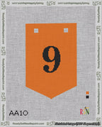 A taped needlepoint canvas with the design: Banner 18 mesh count Pointed 9 Black on Orange.