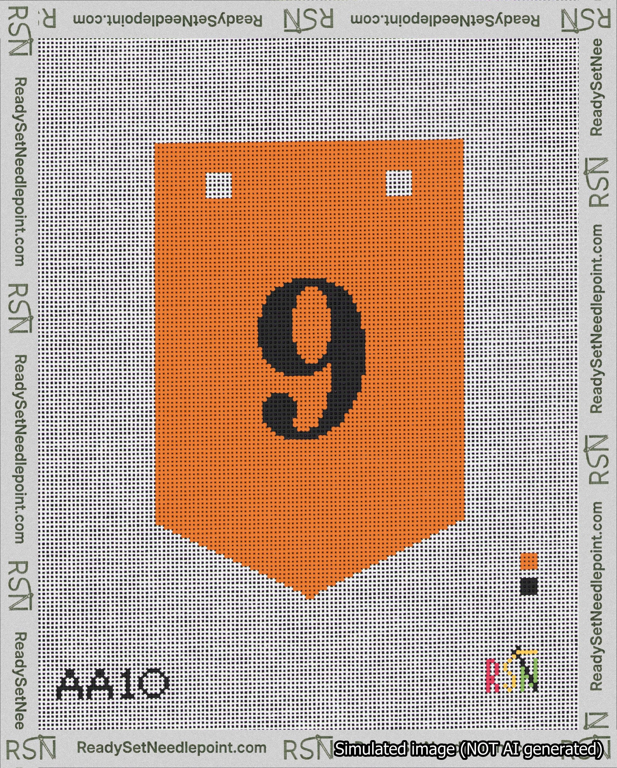A taped needlepoint canvas with the design: Banner 18 mesh count Pointed 9 Black on Orange.