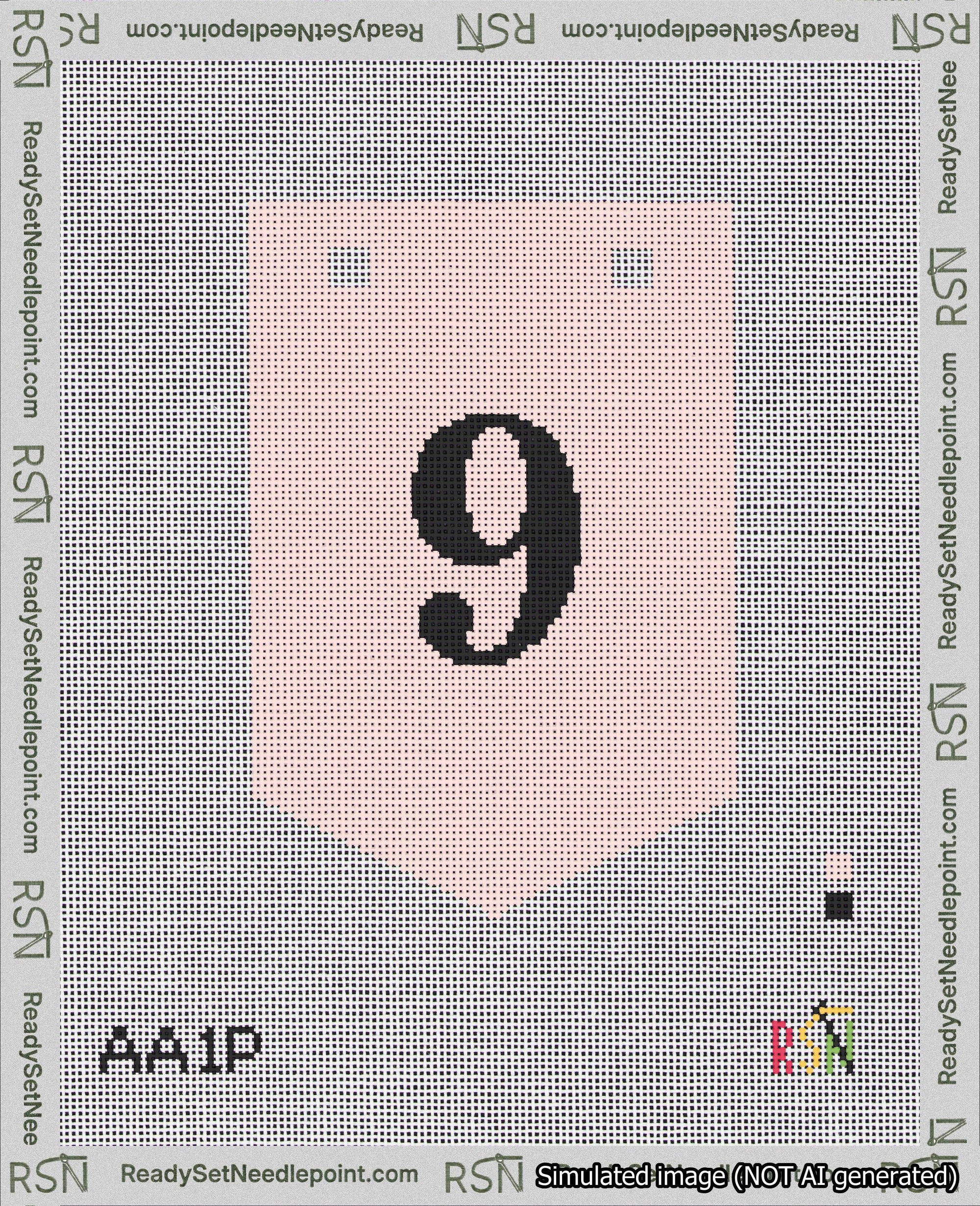 A taped needlepoint canvas with the design: Banner 18 mesh count Pointed 9 Black on Pink.
