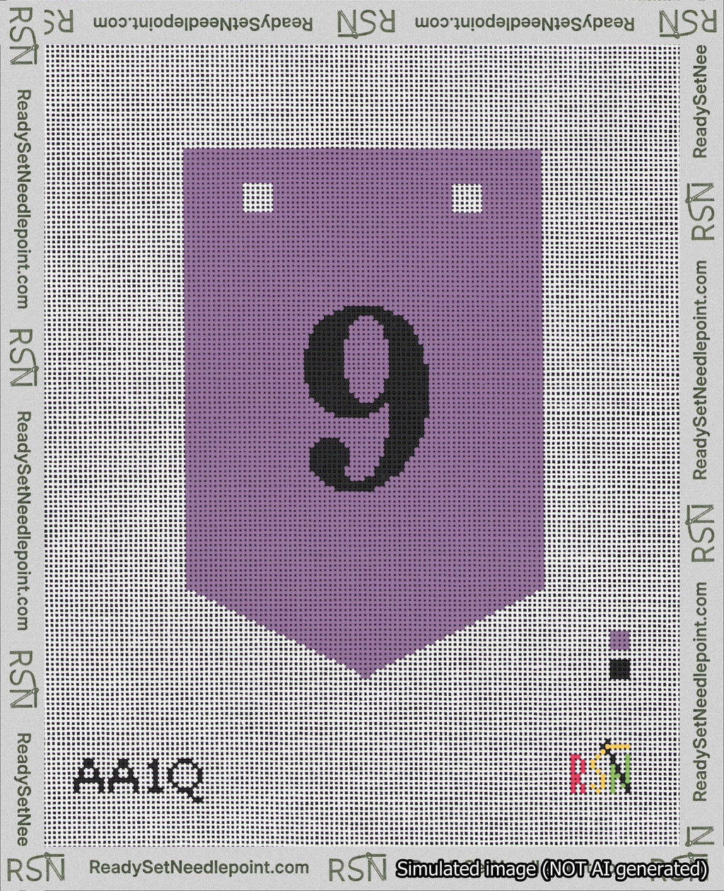 A taped needlepoint canvas with the design: Banner 18 mesh count Pointed 9 Black on Purple.