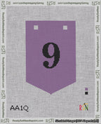 A taped needlepoint canvas with the design: Banner 18 mesh count Pointed 9 Black on Purple.