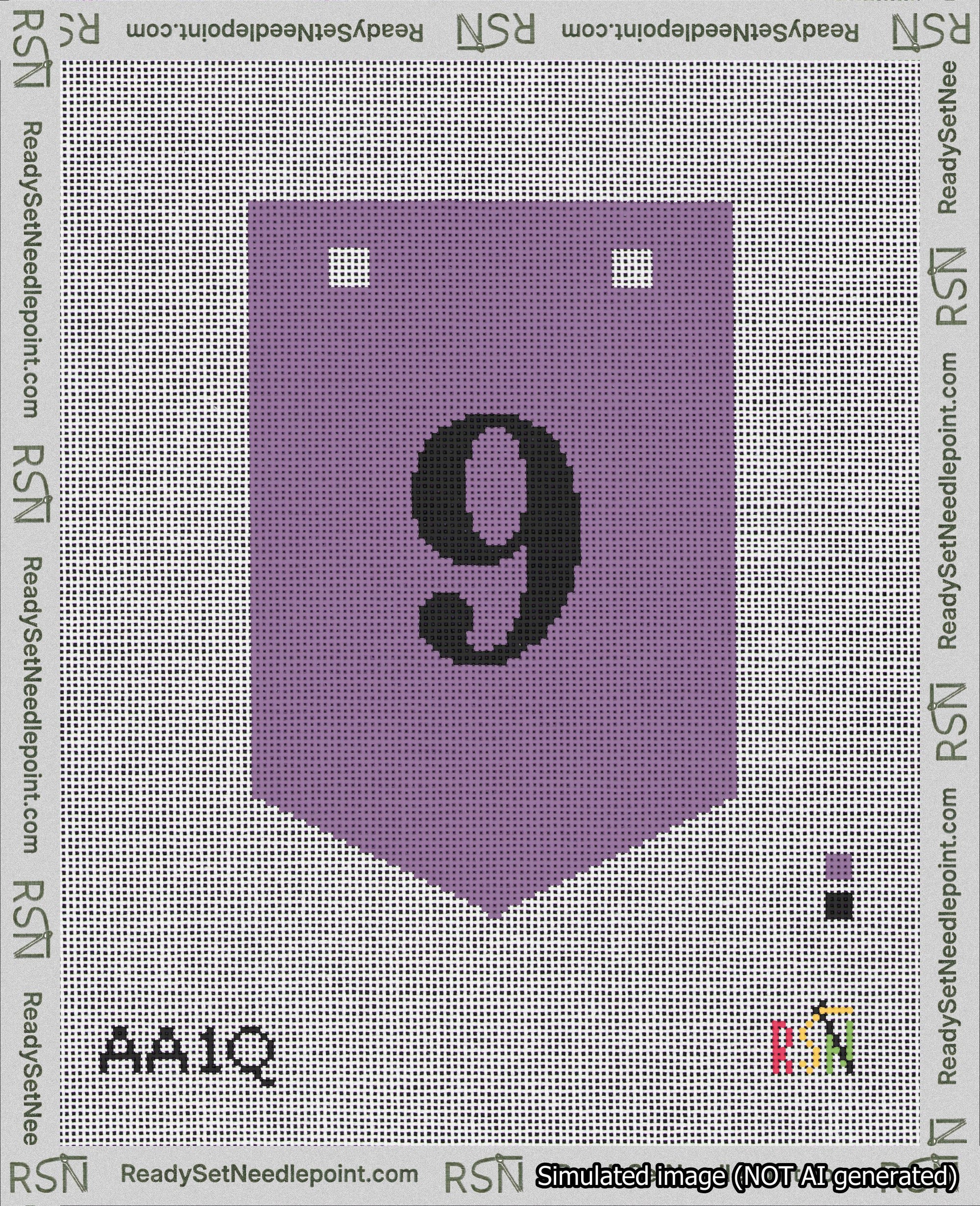 A taped needlepoint canvas with the design: Banner 18 mesh count Pointed 9 Black on Purple.